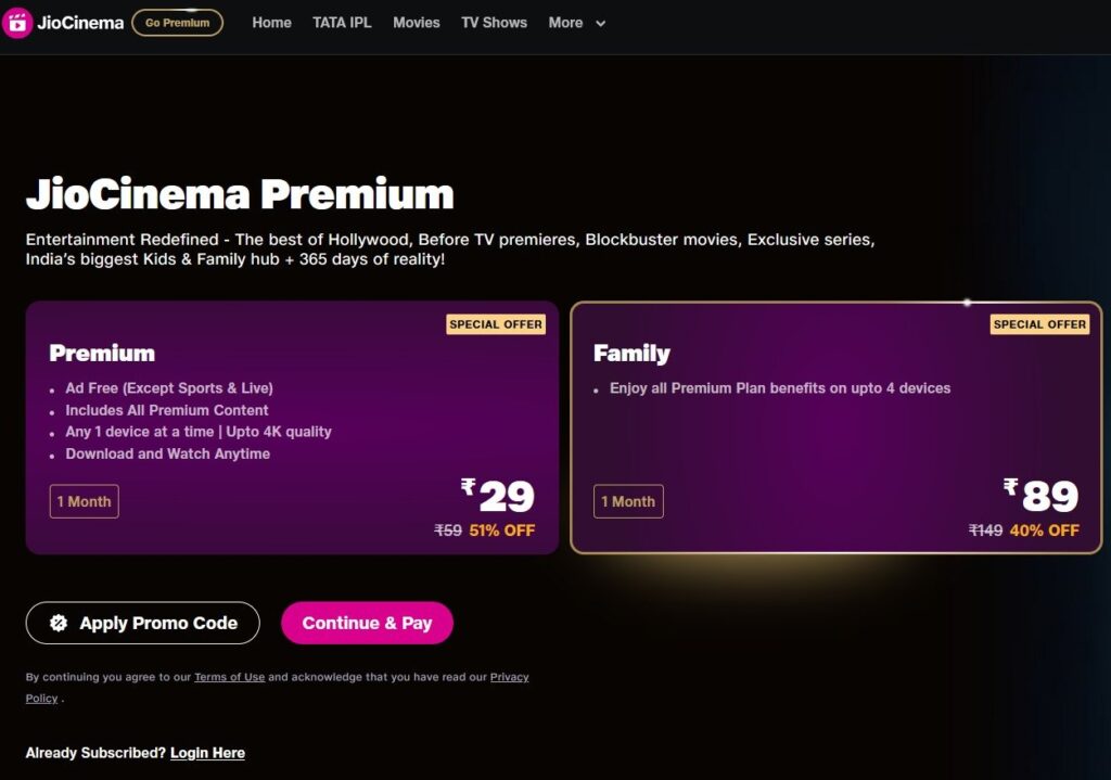 JioCinema Premium Subscription